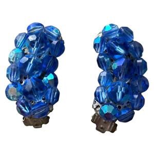 Blue Glass AB Crystal Wired Bead Clip On Climber Earrings Vintage Mid Century